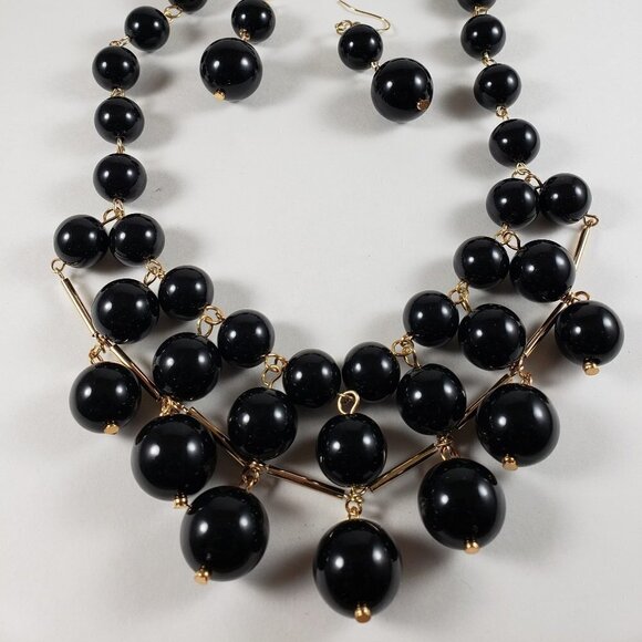 Women's Stunning Gold tone Black Cascade Beaded Necklace - matching Earrings - Picture 1 of 8